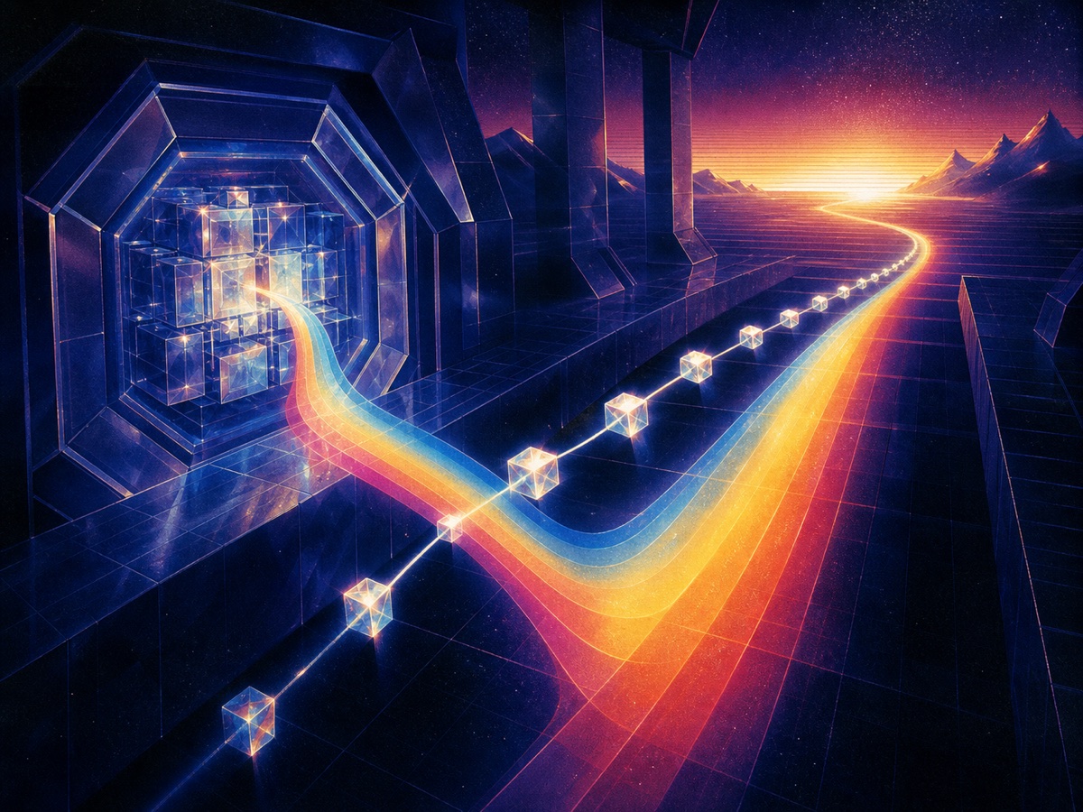 A spectral proof chain leaving a crystalline archive and continuing toward the horizon